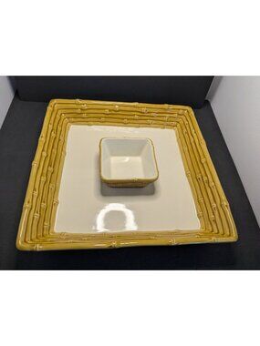 Monterey Collection 14" Square Chip & Dip Bowl Bamboo Look Ceramic Party Platter